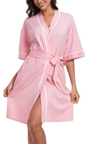 COLORFULLEAF Morgenmantel Damen Kurz Leicht 1/2 Ärmeln Bademantel Damen Dünn Kimono Saunamantel mit Taschen(Rosa,M)