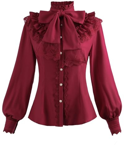 NSPSTT Victorian Blouse Gothic Shirt Button Down Blouse with Puff Sleeve and Lace Collar, Red, M