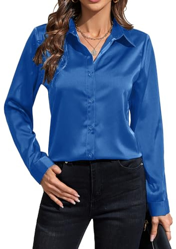 IBAOTORONI Camisas de satén con Botones para Mujer: Blusas clásicas de Manga Larga con Cuello de Seda con Botones para Arriba Blusas Casuales para el Trabajo, Azul, Large