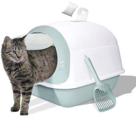 Zvonema Katzenklo mit Deckel, Katzentoilette, Katzenklo Aktivkohlefilter, Anti-Geruch Auslaufsicherer Katzentoiletten für Katzen Jeden Alters, Cat Litter Box mit Kunststoffschaufel, blassgrün+weiß