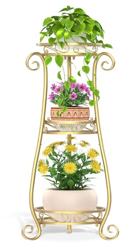 VASZOLA Soporte para plantas de metal dorado de 3 niveles para múltiples macetas grandes, organizador de interiores y exteriores, soporte de flores alto resistente para esquina, patio, baño, oficina,