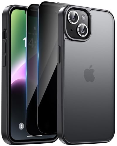 HeIssitot Matt Handyhülle für iPhone 13/iPhone 14 Hülle und 2 Stück Sichtschutz Schutzfolie, [Militärstandard] Durchscheinende PC Rückseite TPU Bumper Schutzhülle, Schwarz