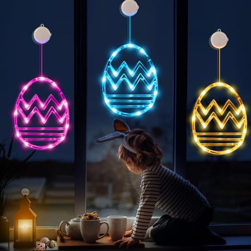 OKESYO Påskdekoration LED-fönsterljus, 3 stycken LED-påskägg för upphängning, påskdekoration, LED-ljuskedja med sugkoppar, påsk, fönsterbelysning för utomhus, inomhus, rum, vardagsrum