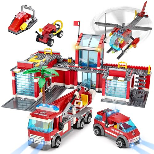 YOOHBERRYS City Feuerwehr Bausteine, 827 Teile Feuerwehrstation Set Kinder, Feuerwehrauto LKW Helicopter Spielzeugset Krankenwagen Feuerwehr Spielzeug Geschenk für Kinder Jungen Mädchen 6+ Jahren