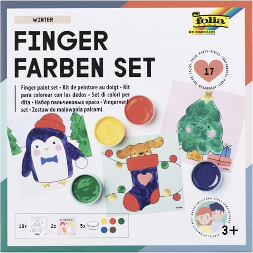 folia 48212 Winter Finger Paint Set, Creative Set with 5 x 30 ml Luminous Finger Paint, 10 Colouring Templates with Winter Motifs and 2 Mixing Templates, Includes Instructions (English language not