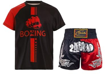 MSemis Kinder Muay Thai Kleidung Jungen Kurzarm Kickbox T-Shirt Und Kurze Hose Zweiteiliger Boxing Fitness Trainingsanzug Schwarz Rot A 158-164