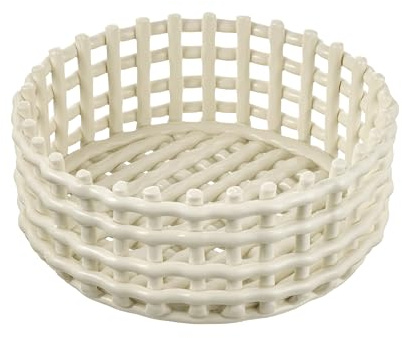 Baroni Home Cestino intrecciato multiuso in ceramica, Portafrutta, Centrotavola, Svuotatasche Tondo Bianco 21x21x9 cm