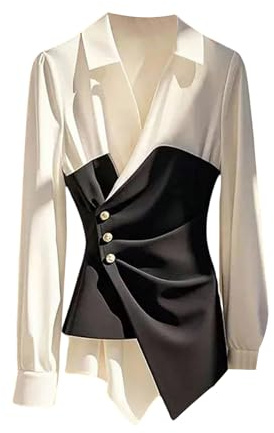 GORGLITTER Women's Long Sleeve Workout Wrap Top Dressy Asymmetrical Collared Business Casual Going Out Shirt Blouse Black and White X-Large