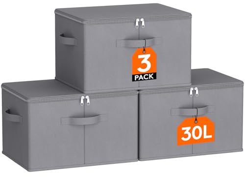 Lifewit Cajas Almacenaje con Tapa, Organizador Armario Rígido, Bolsas Almacenaje Ropa con Cremallera para Ropa y Juguetes, Gris, 40 x 30 x 25 cm, 30L, Juego de 3