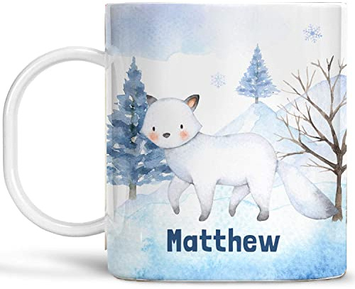 Kids Christmas Mug Customize with Name Winter Fox in Snow Unbreakable Child's Hot Cocoa Cup | Dishwasher Safe BPA and Melamine Free