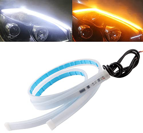 QasimLed 2-Pack 45cm Flexible Car DRL LED Strip Daytime Running Lights with Sequential Guide Turning Signal Light for Headlight Waterproof White&Yellow