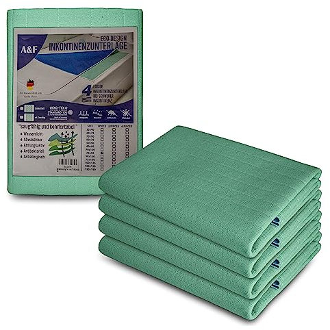 A&F Inkontinenzauflage 60x60 (4er Pack) - 4 Schichten - Bis 26280ml/m² Saugkraft -Krankenunterlage waschbar - Inkontinenzunterlage waschbar - Matratzenauflage geeignet für babybett und Kinderbett
