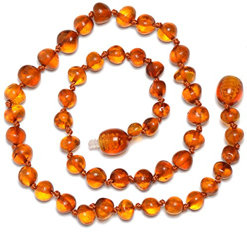 Genuine Baltic Amber Necklace - Polished Beads - Cognac color - Knotted between beads - Cognac - 30cm