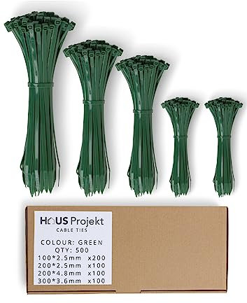 Haus Projekt Bridas para Cables Mixtas Verde Pack de 500 Presillas de Plástico, Gestión de Cables, Cables Ordenados, Bridas Resistentes, Bridas para Jardín, Organizador de Cables Pequeño y Grande