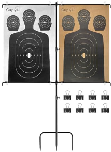 Guyuyii Portable Target Stand (Holds 2 Targets) | 3/5-Prong Ground Spikes for Stability on Grass & Dirt | Wind-Resistant Steel Paper Holder for Airsoft, BB Guns & Rifles | Tool-Free Adjustable Height