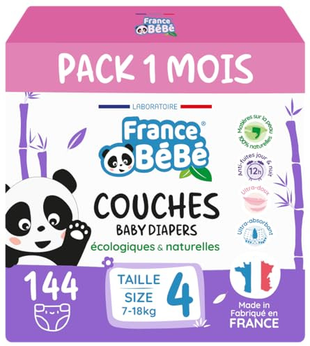 France BéBé - Couches Écologiques Taille 4 (7 à 18kg) - 144 couches - Fabriquées en France - Ultra-absorbantes 12H - Ultra douces - Sans substances nocives (Taille 4)