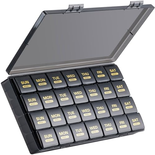 Monthly Pill Organizer, 28 Day Pill Box 1 Time a Day with Dust-Proof Case, Large 4 Weeks a Month Pill Case Container, Daily Vitamin Case Box for Pills/Medicine/Fish Oil/Supplements（Black）
