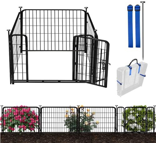 ADAVIN Box per cani all'aperto, 61 cm (altezza) x 9,8 m (L) 4 pannelli recinzione per animali per cortile, cancello a soglia bassa, recinzione da giardino in metallo nero, recinzione temporanea per
