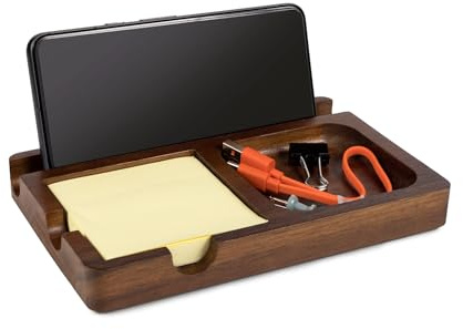 S&A WOODCRAFT Office Desk Organizer with Sticky Note Holder, Pen Slot & Phone Stand - Versatile Brown Acacia Sticky Note Dispenser, Includes 100 3x3 Inch Pages & 4 Anti-Skid Pads.