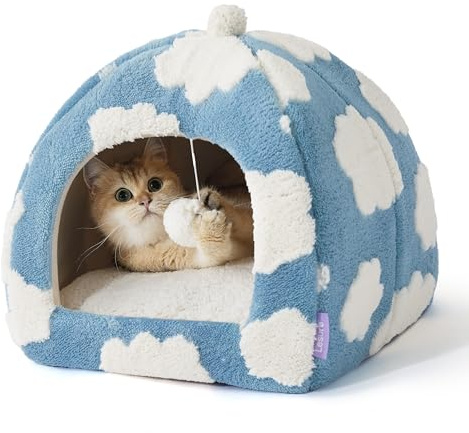 Lesure Cute Cat Beds for Indoor Cats - 2 in 1 Cat Cave Bed for Kittens and Small Pets with Removable Washable Cushioned Pillow, Cozy Kitten Tent with Non-Slip Bottom, Blue, 16 inches