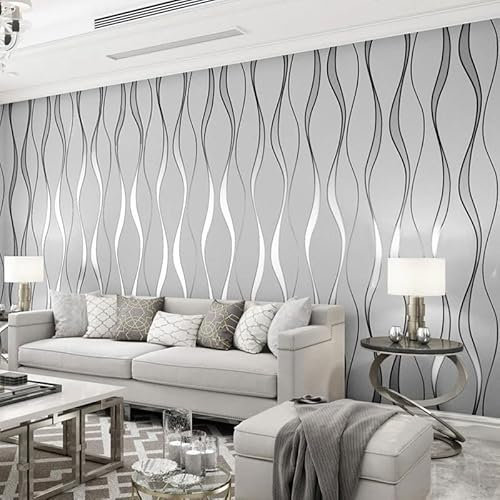 Camiraft Grey Wave Stripes Wallpaper Non-Woven Wall Paper Glitter 3D Effect Textured Flocking Embossed Roll Wallpapers for Livingroom Bedroom Kitchen