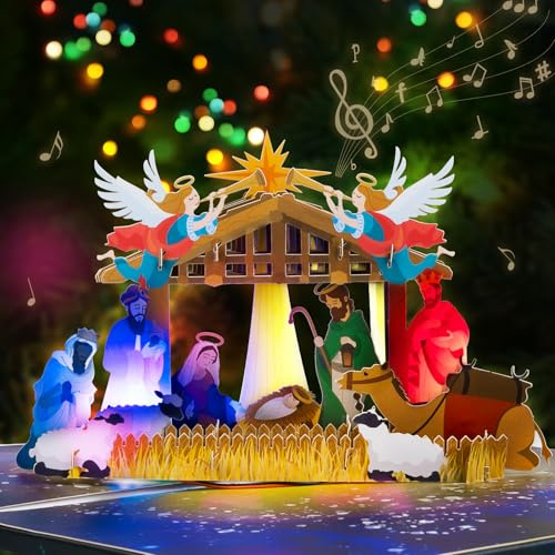 GREETING ART Carte Pop Up Noël avec Musique et Lumière, Carte Pop Up Noël Crèche, Carte de Noël Musicale, Carte de Noël 3D avec la Sainte Nuit pour Femmes et Enfants