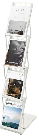 Litteraturstativ, 4 fickor, A4-bärbart, vikbart broschyrstativ, järnutställningsfack för enkel kataloghållare, stativ med bärväska för vardagsrum, hotell, mässa, utställning, kontor, vit