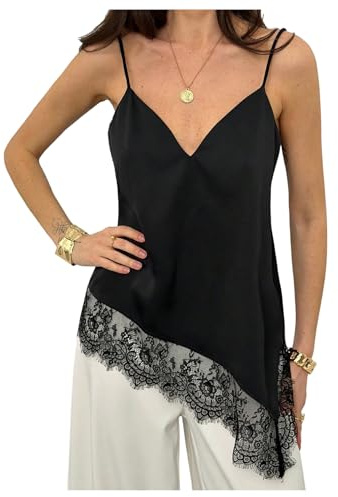 MakeMeChic Women's Satin Lace Cami Tops Asymmetrical V Neck Spaghetti Strap Tank Tops Black Small
