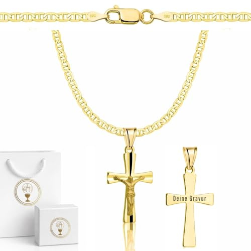 ZELYA Cadena de oro con cruz/medalla - cadena tanque chapada en oro 925/585 de 14K para niñas y niños – 45-60 cm Cadena de Comunión con cruz, cadena para niños para Comunión y Bautizo, caja de regalo