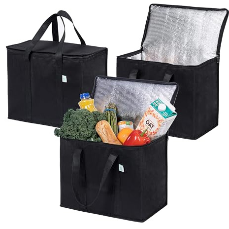 VENO 3 Pack Insulated Reusable Grocery Shopping Bag, Food Delivery, Cooler Bag, Heavy Duty, Large Size, Durable Handles, Dual Tab Zips, Lid, Stands Upright, Collapsible, Sustainable (Black, 3 Pack)