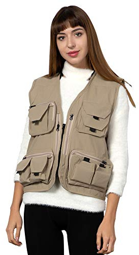 Ziker - Gilet da pesca da donna in rete traspirante con tasche, colore cachi, XXL