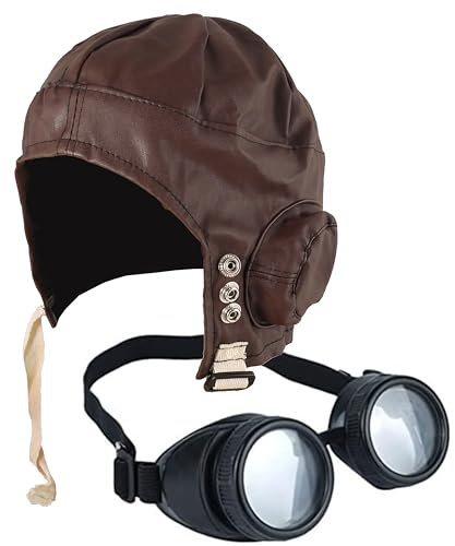 DreamzFit – Pilotenmütze für Herren und Damen, Steampunk-Brille und Schnurrbart im Stil der 1940er Kriegszeit für Erwachsene, Kostüm-Zubehör (Pilotenmütze + Brille)