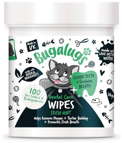 BUGALUGS Cat Breath Freshener Cat Teeth Wipes - Cat Plaque Remover Cat Wipes & tartar remover for teeth. Cat Teeth Cleaning Product No Cat Toothbrush And Paste Brushing Needed (Cat 100 Wipes)