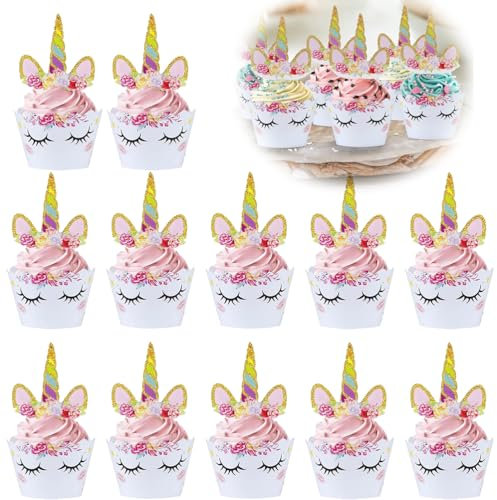 Topper de Gâteau,Licorne Cupcake Toppers et Wrappers 12Pièces Décorations de Gâteau pour Les Enfants Anniversaire Bébé Douche Fête de d'anniversaire