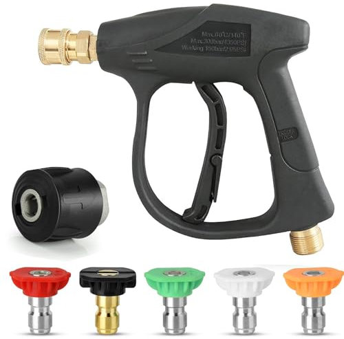 High Pressure Washer Gun 4350PSI Max, Short Nozzle Jet Wash Gun with M22 14MM Hose Interface and Adaptor Compatible with 1/4 inch Quick-Connect Nozzles for Car Washing and Patio Cleaning