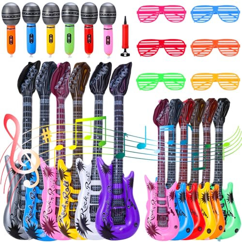 GSrenyu 25 Pcs Inflatable Guitar,Inflatable Microphone,Inflatable Instruments Set with Sunglasses Air Pump,Fun Inflatable Party Props for Birthday Party 80s 90s Themed Carnival Party