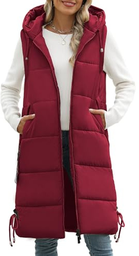 Vancavoo Lange Jacke Weste für Damen Ärmellose Steppweste mit kapuze Daunenweste Übergangsweste Winterjacke Longweste Leichte Warm Gesteppt Winterweste Mänte,Rotwein,L