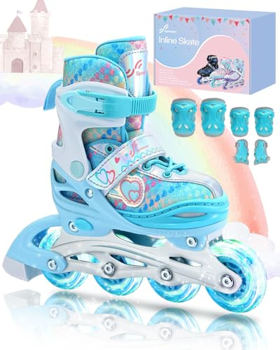 Pattini in linea per bambini 30-41, regolabili, Sportneer in linea con 6 protezioni per bambini, ragazze, donne, 8 LED in linea per bambini, serie arcobaleno