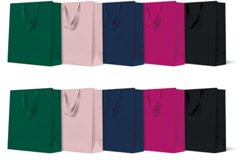 PAW - Bolsas de regalo 20 x 25 x 10 cm - Juego de 10 bolsas de regalo con asas de tela | Surtido de 5 colores lisos | Para cumpleaños, bodas, fiestas y regalos