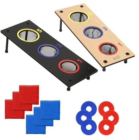 2-in-1 Wooden Bean Bag Toss and Washer Pitch Set - Reversible Game Board with 6 Bean Bags & 6 Washers for Family Fun | Portable Outdoor Throwing Game for Gatherings and Camping**