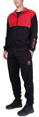 hermet Milan, Tuta da Casa da Uomo, Pigiama Homewear in Felpa Garzata, Felpa con Full Zip e Pantalone con Coulisse in Vita, con Logo del Milan, Rosso, Taglia L