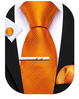 Barry.Wang Gestreifte Krawatte mit Krawattenklammer für Herren, Seidenkrawatte, Einstecktuch, Manschettenknöpfe, Set, formell, Business, Hochzeit, Party, Orange, Einheitsgröße