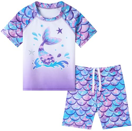 WAWSAM Ragazze Sunwear - Bambina Bambini Maniche Corte 2 Pezzi Costumi Bagno da Maglietta e Pantaloncini Rash Guard Anti UV UPF 50+ (IT, età, 6 Anni, Regular, Viola)