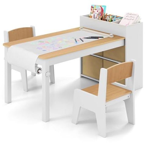 GOPLUS Bureau Enfant avec Rangement, Table de Dessin avec Rouleau de Papier, Support, Etagères et 4 Bacs en Tissu, Charge 60KG, Table Enfant avec Chaise pour 3+ Ans (Naturel)