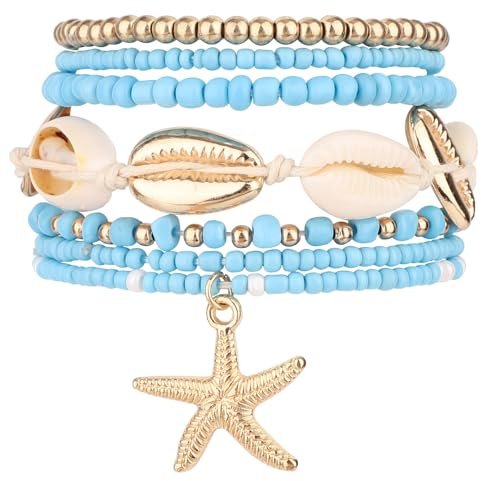 Mikovivi 7pcs Bracelets de Plage, Perles Stzyle Surfeur Étoile de Mer Style Bohème Bijoux à Offrir pour Femme