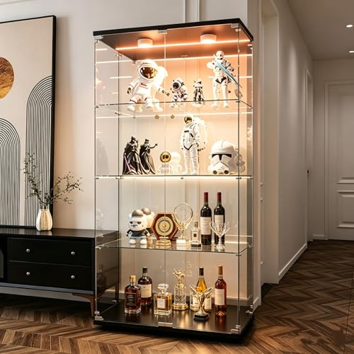 CXHLXYR - Vitrina de cristal con LED, vitrinas de cristal de dos puertas con 4 estantes de armario de cristal, escaparate de colección para bar o salón, 164 x 81 x 37 cm (2 puertas, 4 capas, espejo