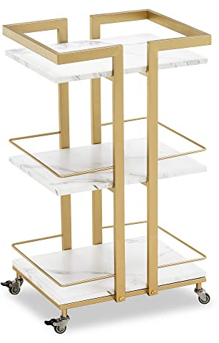 M MCombo Servante à roulettes, desserte de Cuisine Bar Châssis métallique Noir et Or, desserte Polyvalente Moderne à 3 Niveaux, pour Cuisine Salon Bureau, 0033 (Blanc/Or)