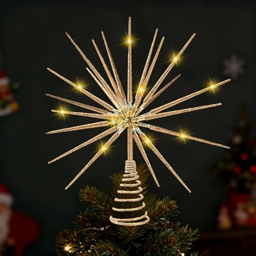 Puntale per albero di Natale con 20 LED, puntale a stella con ornamento natalizio, puntale a stella per albero di Natale per decorazione interna (Oro)