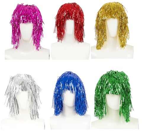 Lot de 6 perruques en guirlandes - Chapeaux de fête - Perruque drôle - Perruque d'Halloween - Perruque verte - Pour cosplay, carnaval, Noël (rouge/violet/vert/bleu/doré/argent)