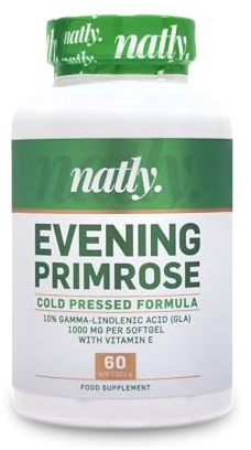 Natly Aceite de Onagra 1000 mg | 60 Perlas con Ácidos Grasos Esenciales Omega 6 con GLA y Vitamina E | Ayuda Piel, Hormonas, Bienestar Femenino | Evening Primrose Oil